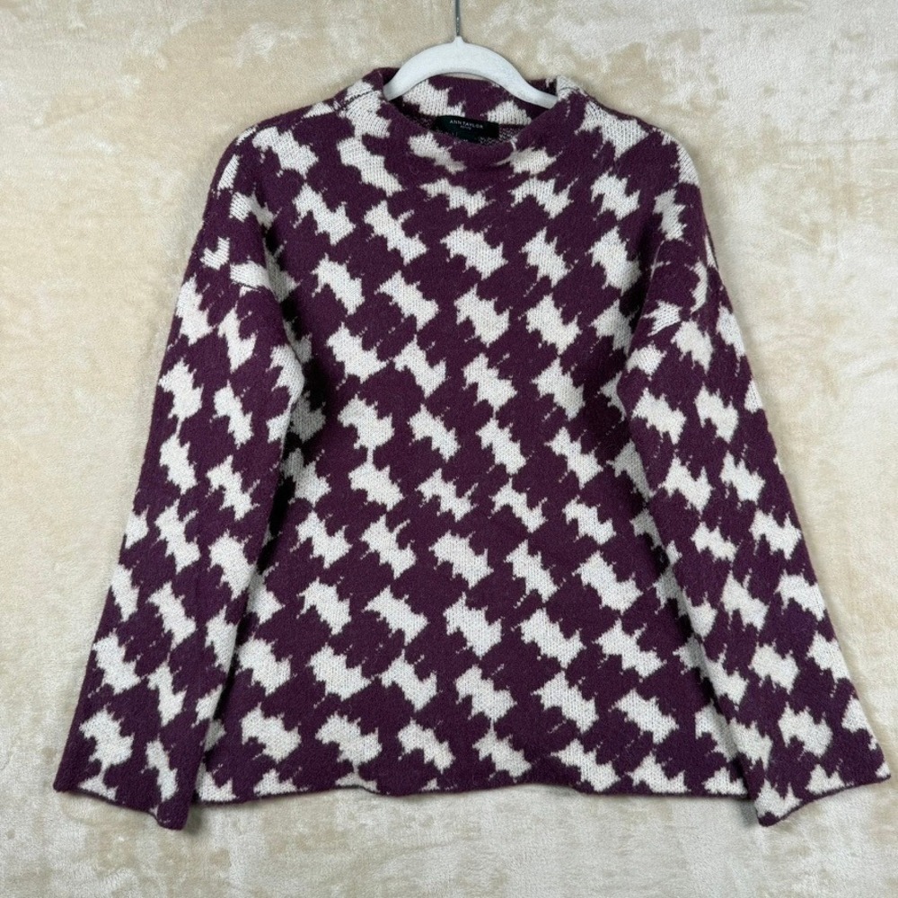 Ann Taylor MP Burgundy Houndstooth Mock Neck Sweater Dark Academia Career Fall